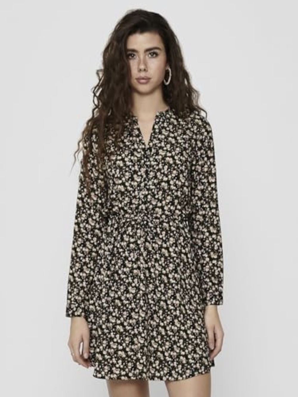 Only Black Floral Long-Sleeve Mini Dress with Cream Blossoms